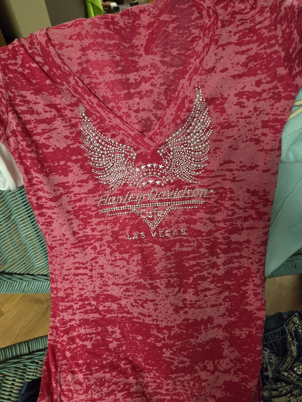 Harley-Davidson Women's Raspberry Red Rhinestone V-Neck Tee